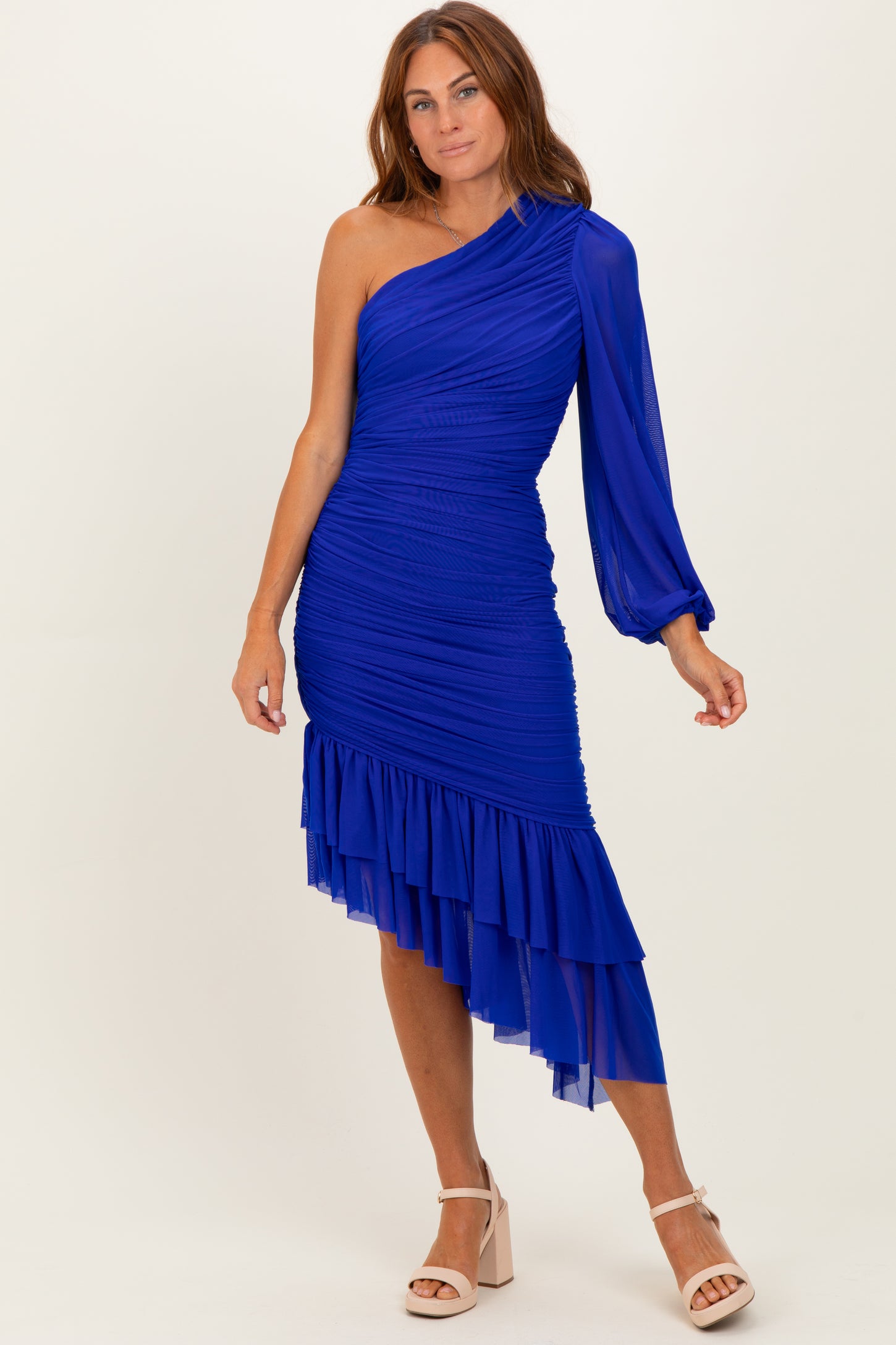 Royal Blue Mesh Ruched One Shoulder Asymmetric Dress