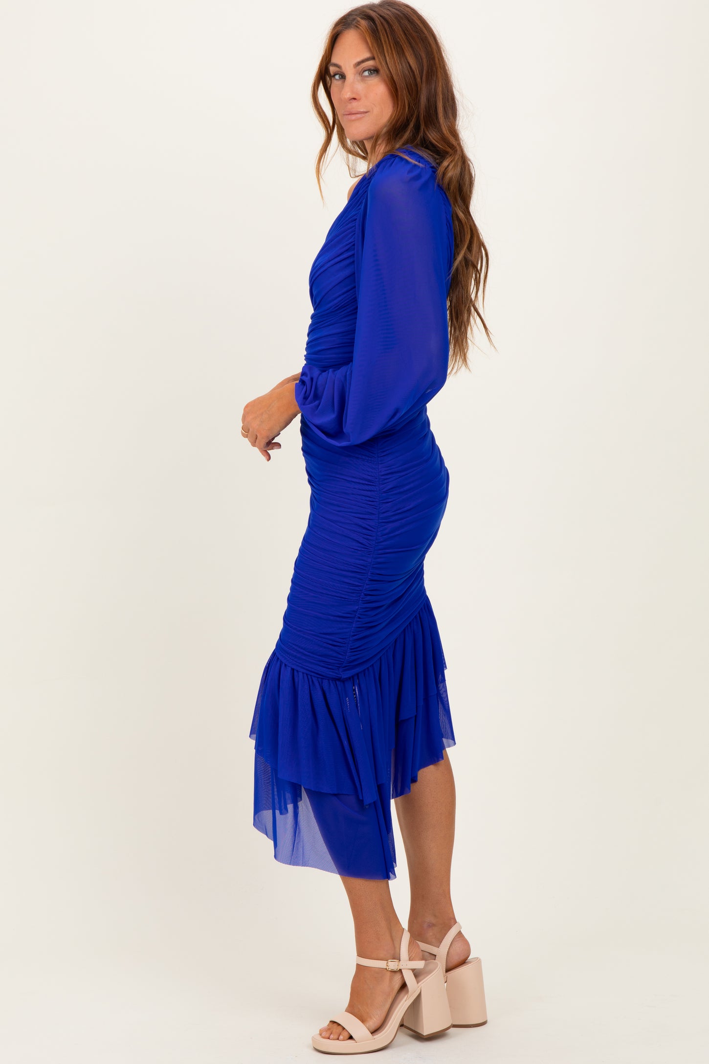 Royal Blue Mesh Ruched One Shoulder Asymmetric Dress