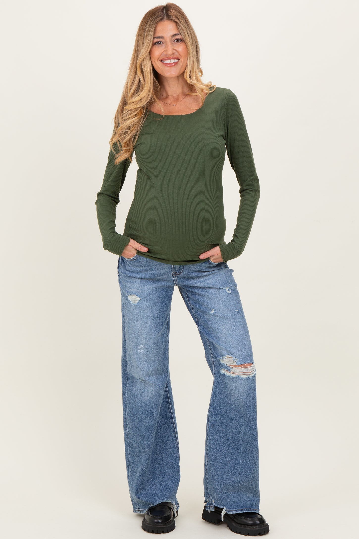 Blue Distressed Open Knee Wide Leg Maternity Jeans