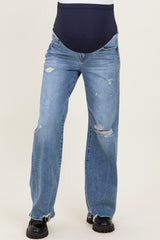 Blue Distressed Open Knee Wide Leg Maternity Jeans