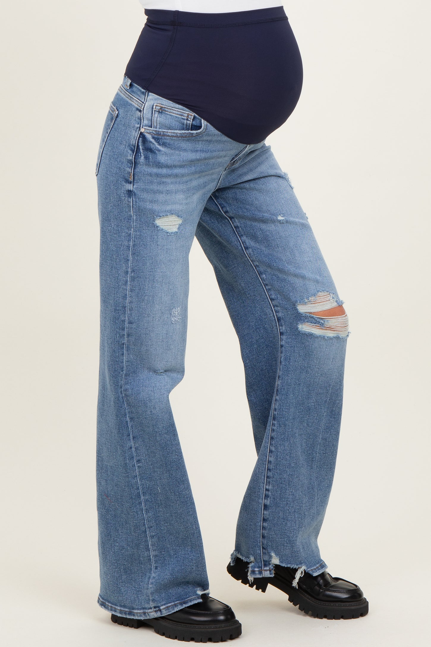 Blue Distressed Open Knee Wide Leg Maternity Jeans