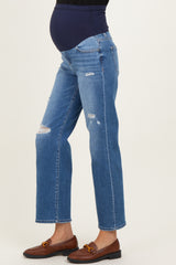maternity wear blue distressed straight leg jeans with a stretchy belly band and a visible baby bump