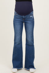 Navy Distressed Fringe Hem Maternity Flare Leg Jeans