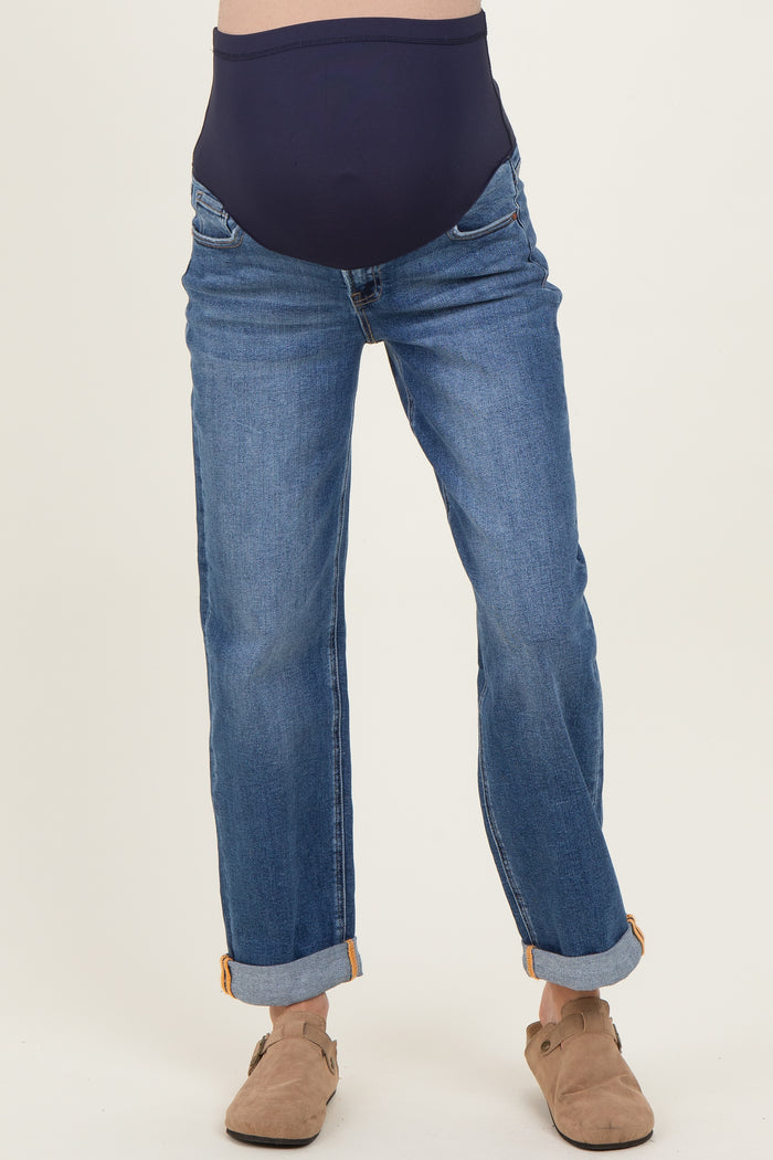 Navy Rolled Hem Maternity Boyfriend Jeans