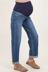 Navy Rolled Hem Maternity Boyfriend Jeans