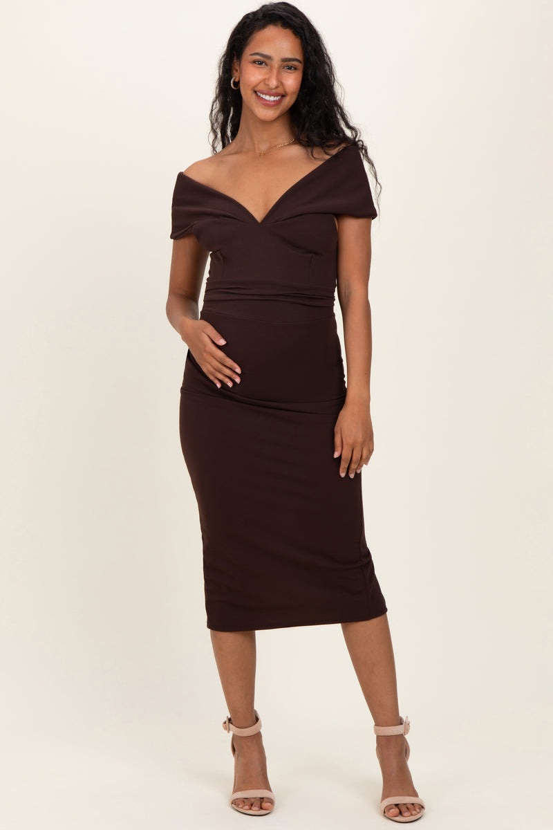 Brown Off Shoulder Fitted Maternity Midi Dress – PinkBlush
