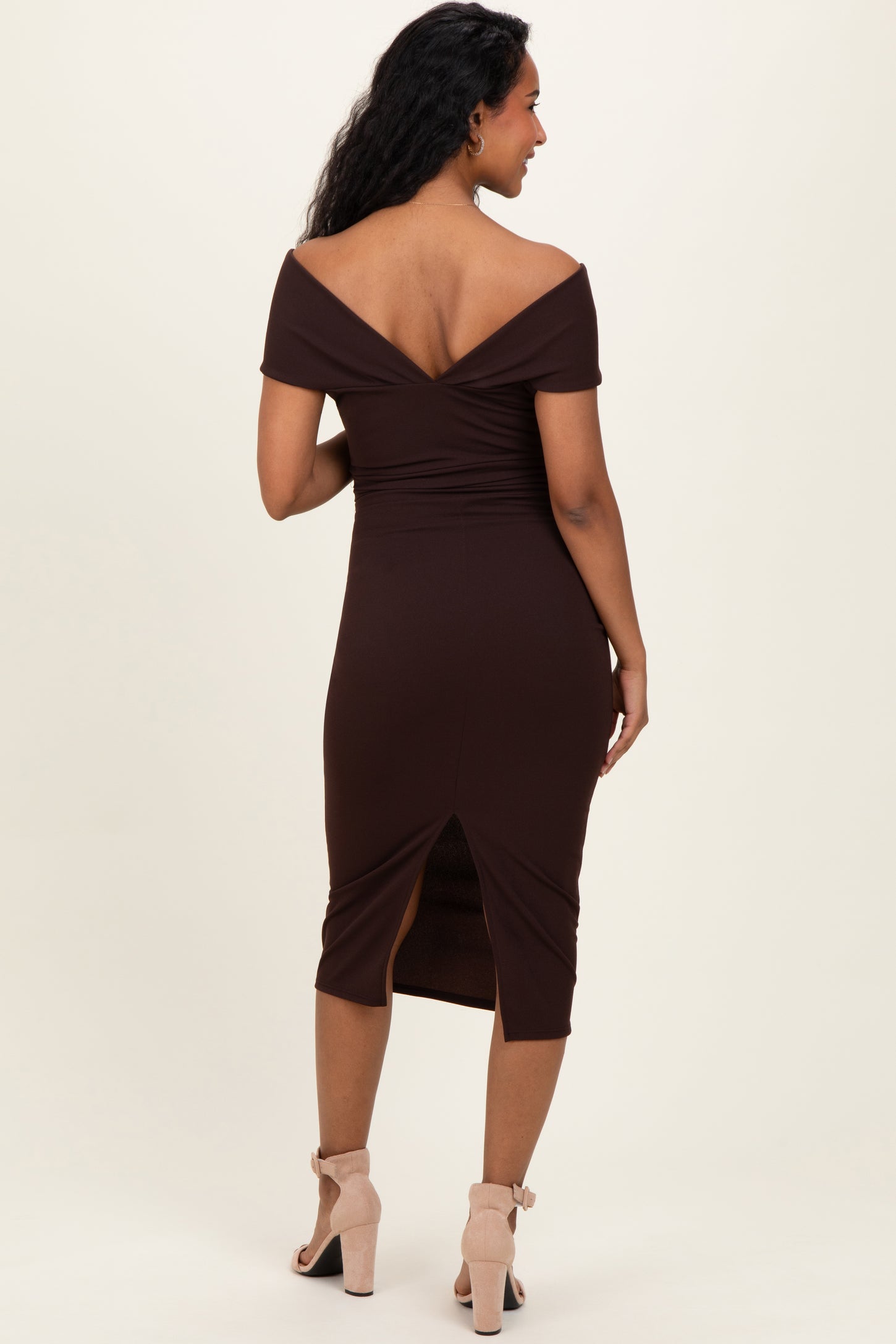 Brown Off Shoulder Fitted Maternity Midi Dress
