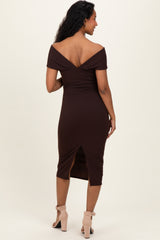 Brown Off Shoulder Fitted Maternity Midi Dress