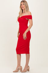 Red Off Shoulder Fitted Midi Dress