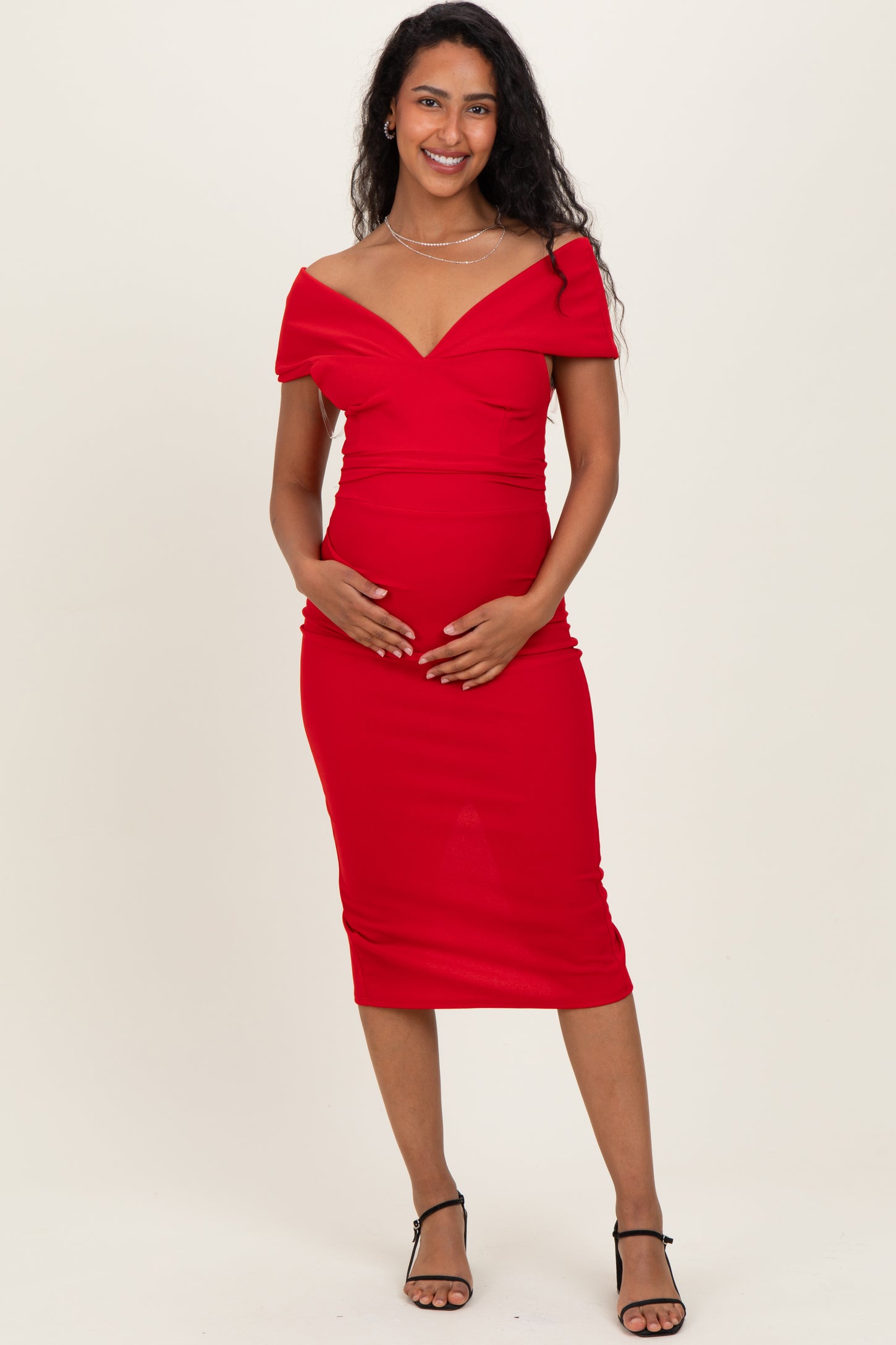 Red Off Shoulder Fitted Maternity Midi Dress