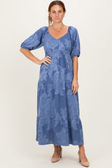 Blue Floral Textured Tiered Midi Dress