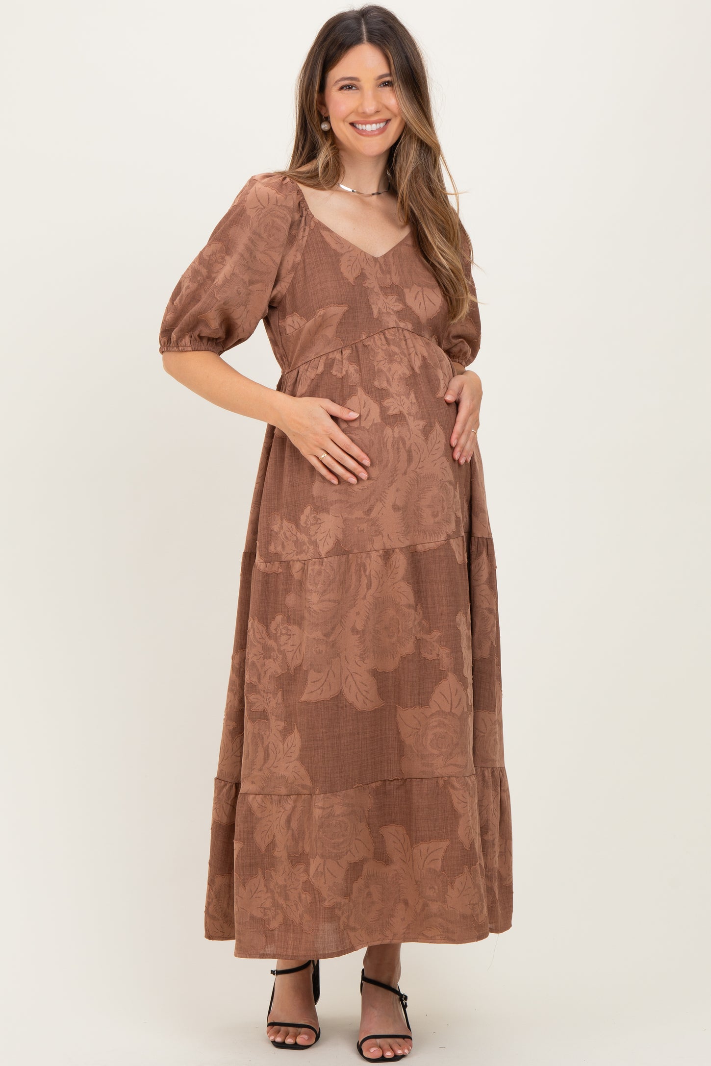 Brown Floral Textured Tiered Midi Maternity Dress – PinkBlush
