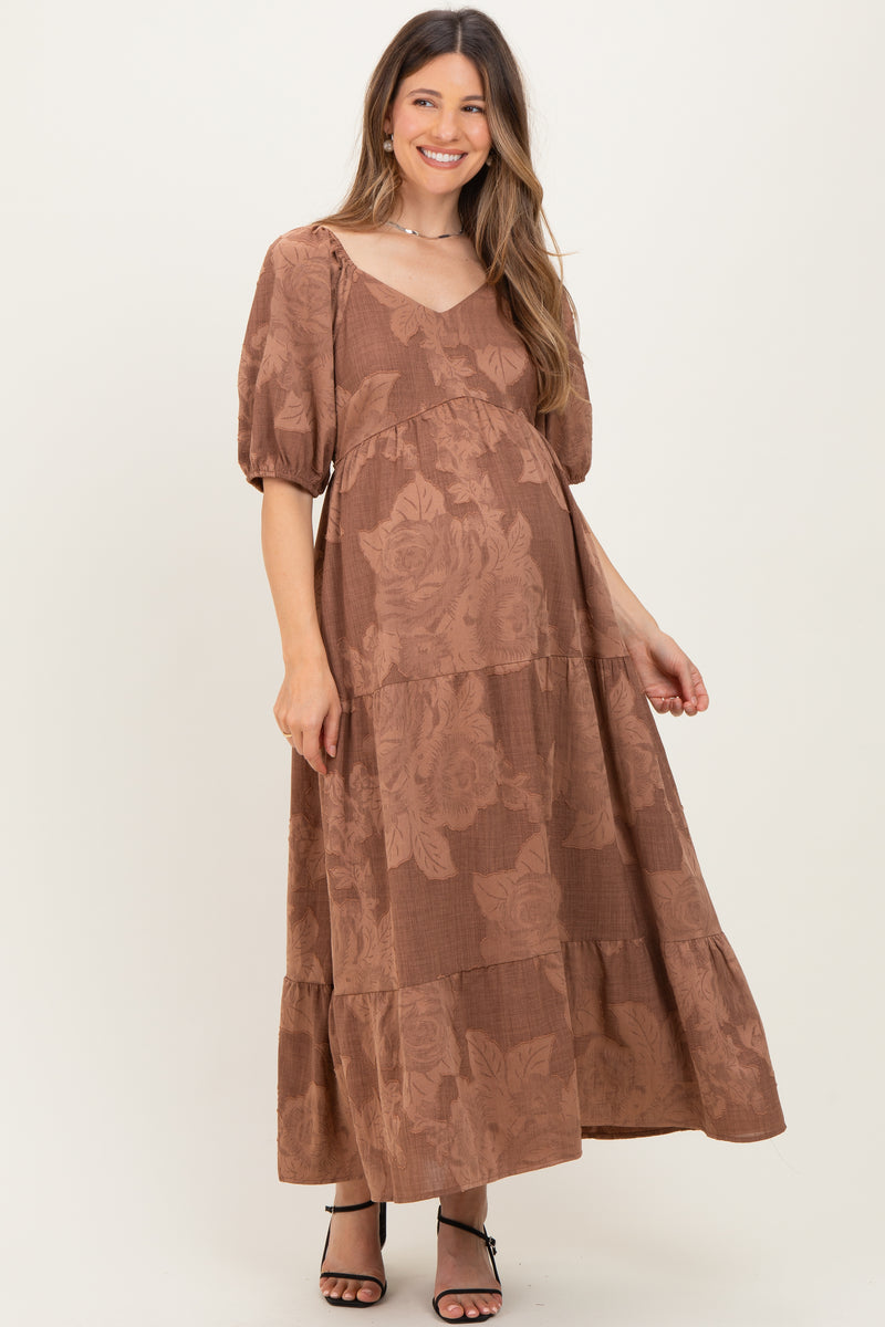 Brown Floral Textured Tiered Midi Maternity Dress – PinkBlush