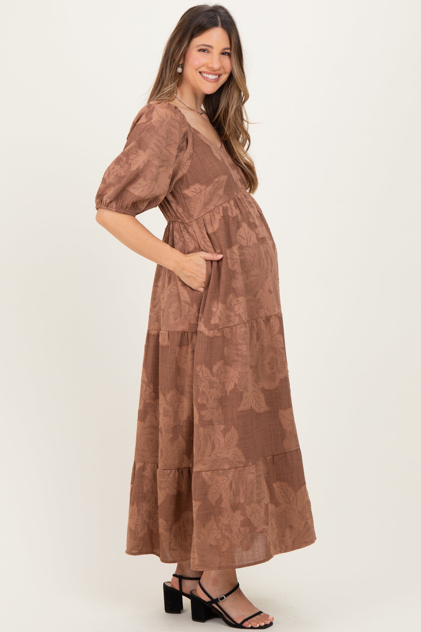 Brown Floral Textured Tiered Midi Maternity Dress