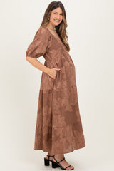 Brown Floral Textured Tiered Midi Maternity Dress