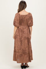 Brown Floral Textured Tiered Midi Maternity Dress
