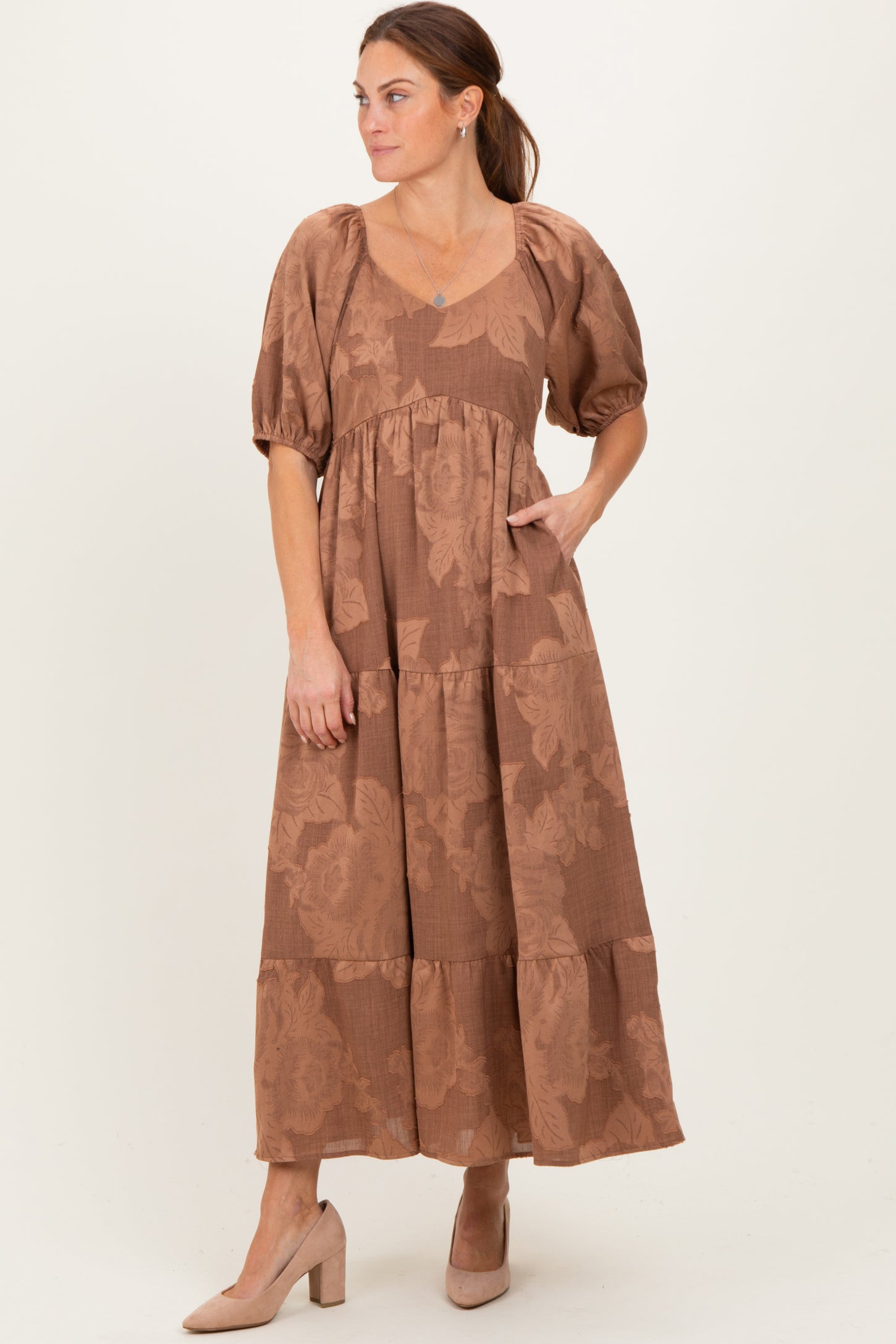 Brown Floral Textured Tiered Midi Dress – PinkBlush