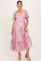 Pink Floral Printed Tulle Puff Sleeve Maternity Midi Dress