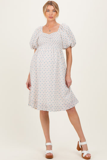 Pink Floral Square Neck Puff Sleeve Maternity Midi Dress