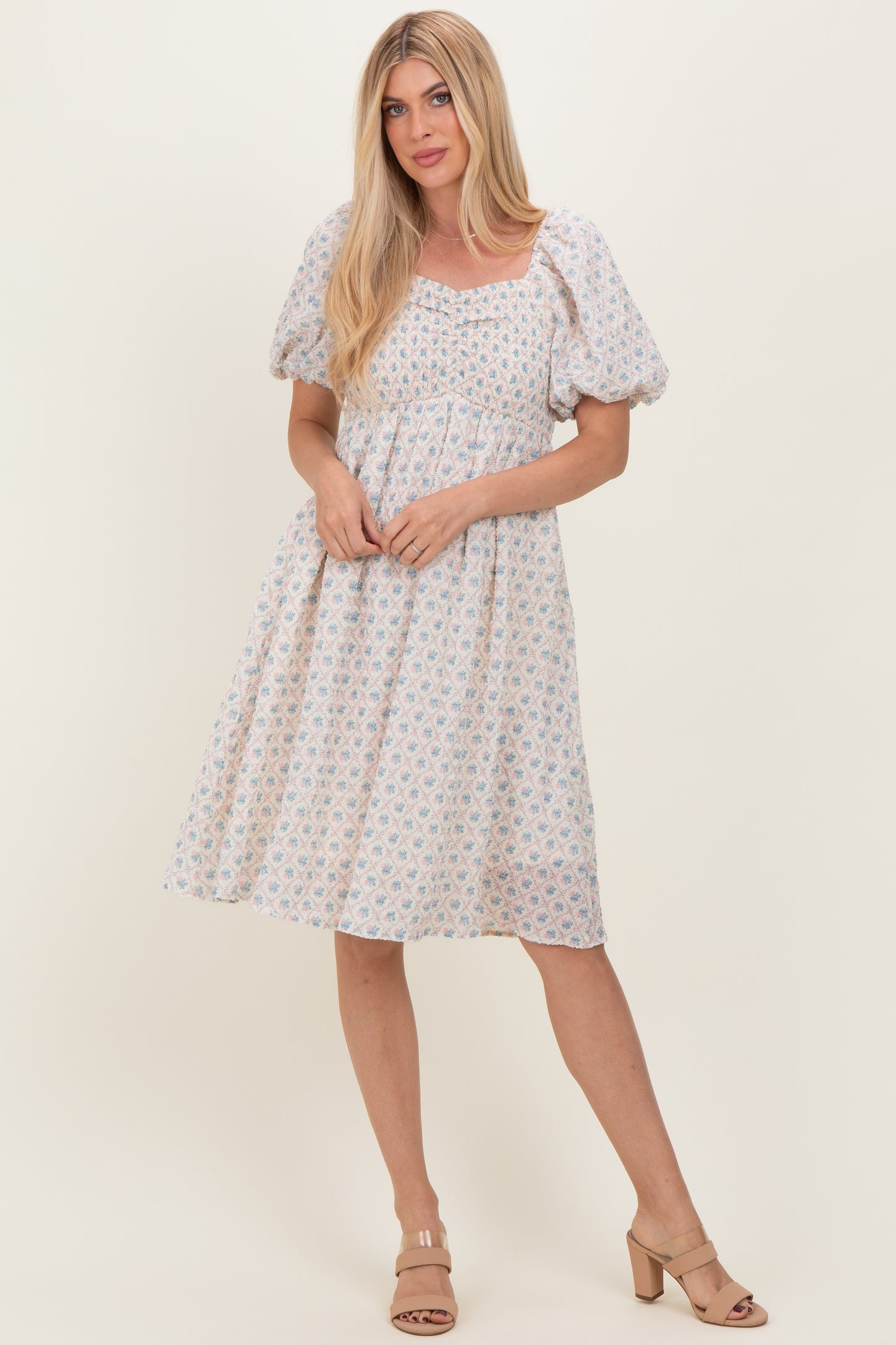 Pink Floral Square Neck Puff Sleeve Midi Dress