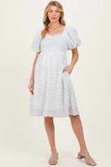 Green Floral Smocked Puff Sleeve Maternity Dress
