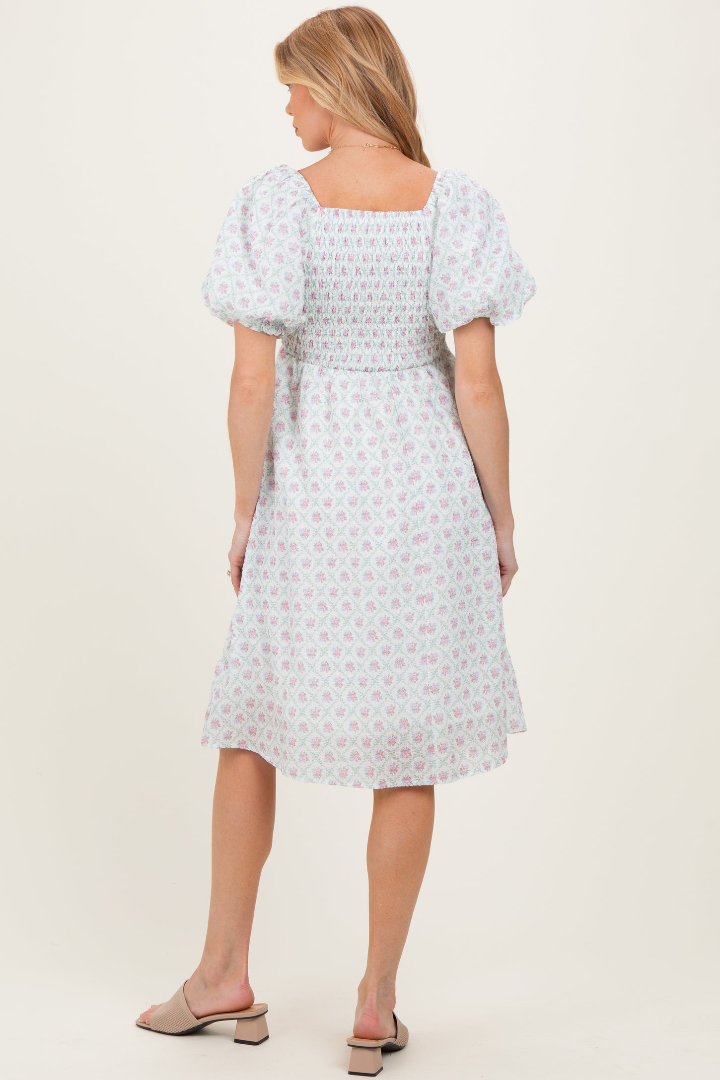 Green Floral Smocked Puff Sleeve Maternity Dress