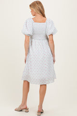 Green Floral Smocked Puff Sleeve Maternity Dress