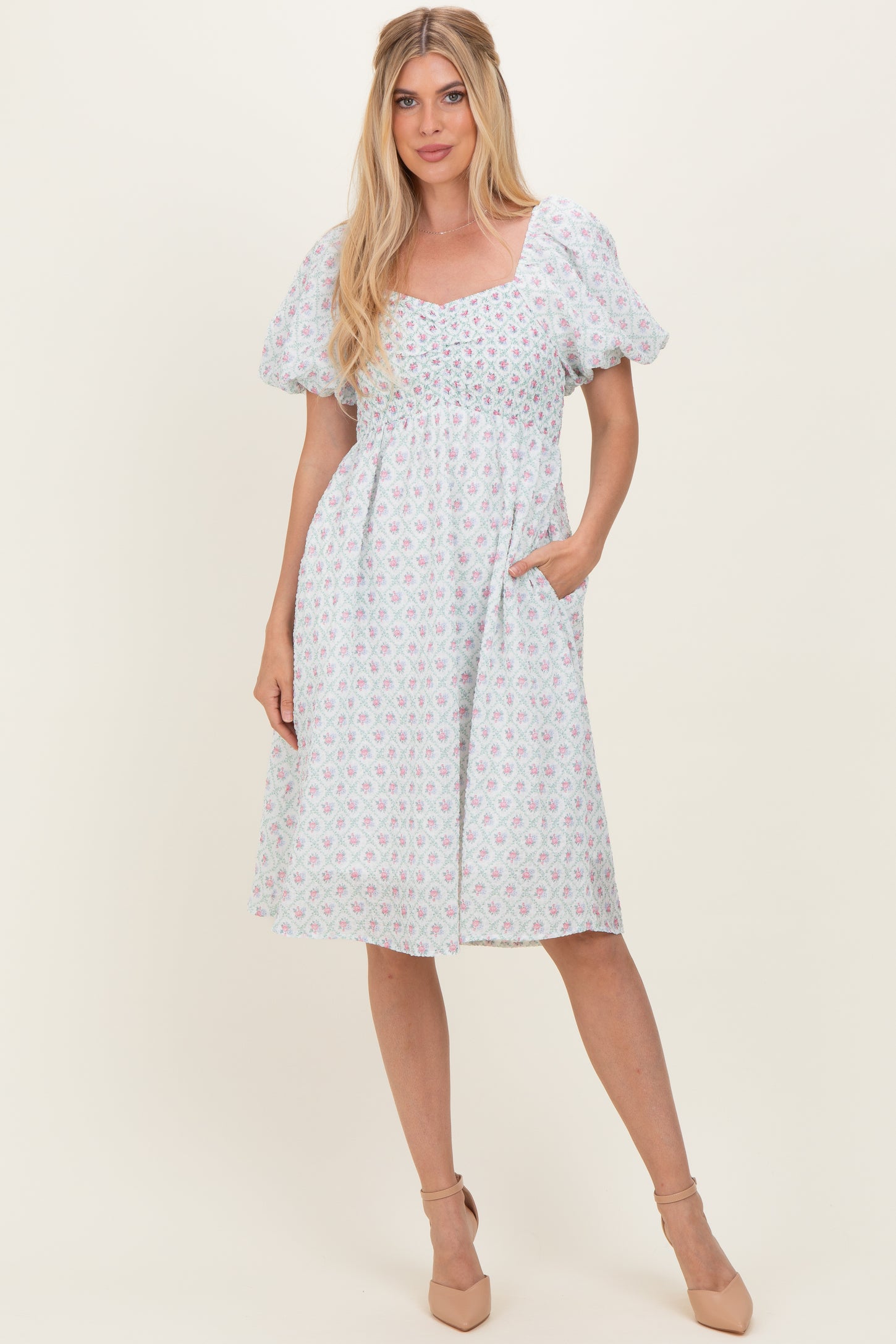 Green Floral Smocked Puff Sleeve Maternity Dress