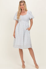 Green Floral Smocked Puff Sleeve Maternity Dress