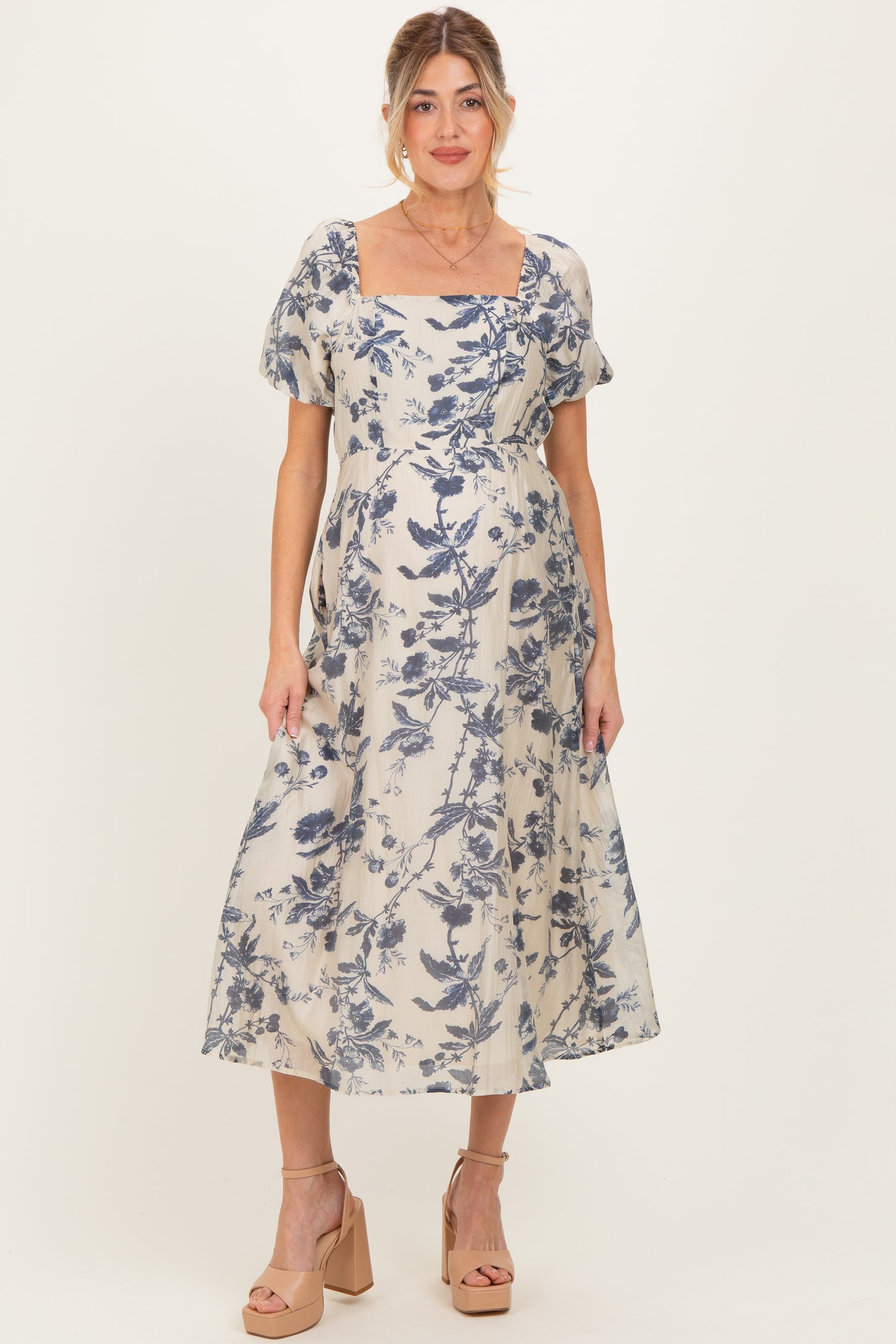 Navy Blue Floral Square Neck Puff Sleeve Maternity Midi Dress