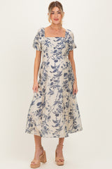 Navy Blue Floral Square Neck Puff Sleeve Maternity Midi Dress