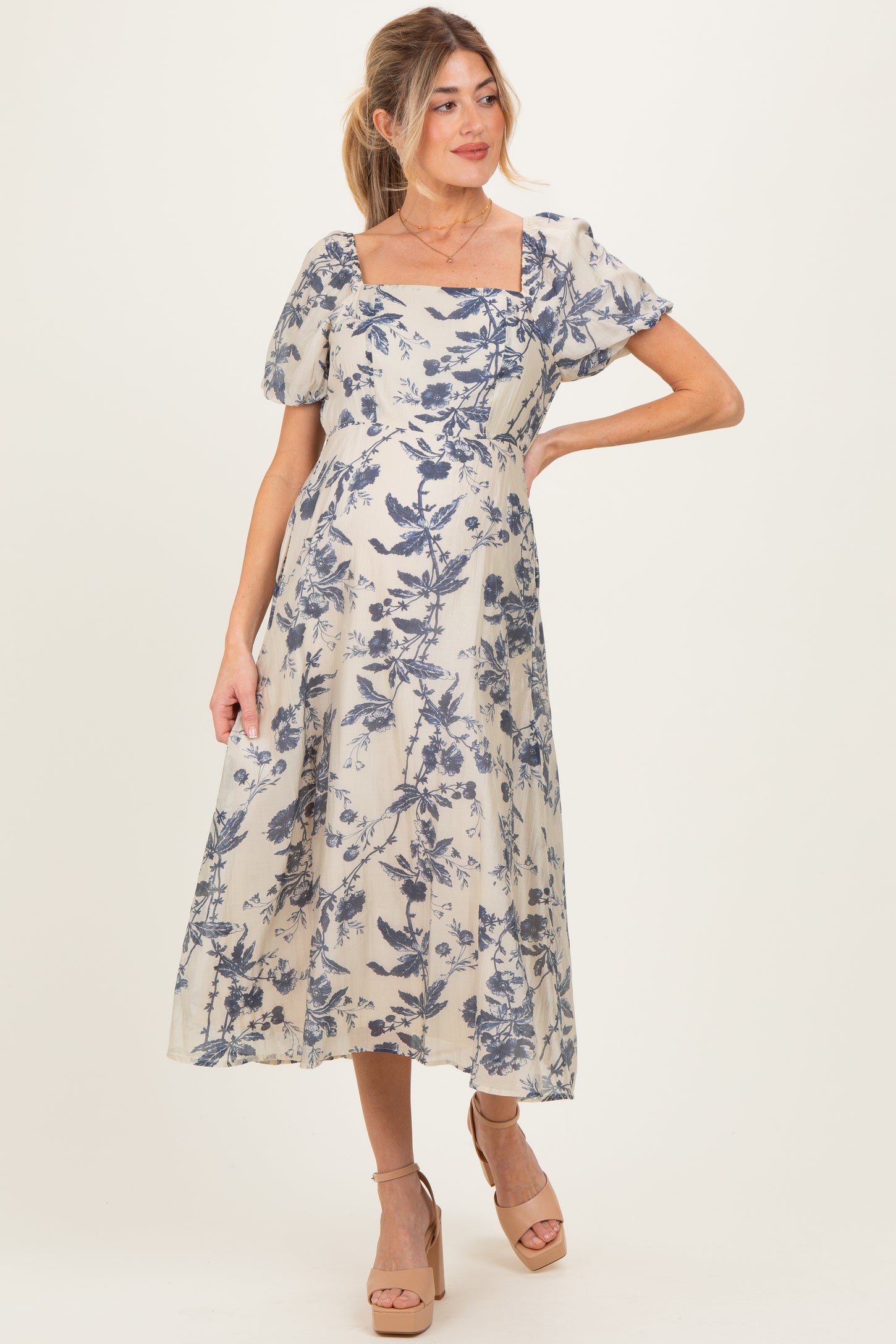 Navy Blue Floral Square Neck Puff Sleeve Maternity Midi Dress
