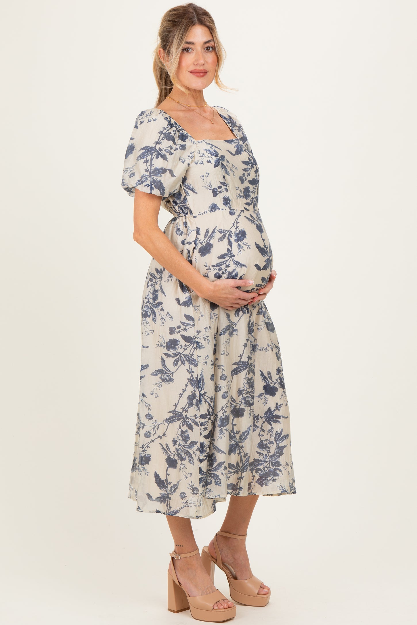 Navy Blue Floral Square Neck Puff Sleeve Maternity Midi Dress