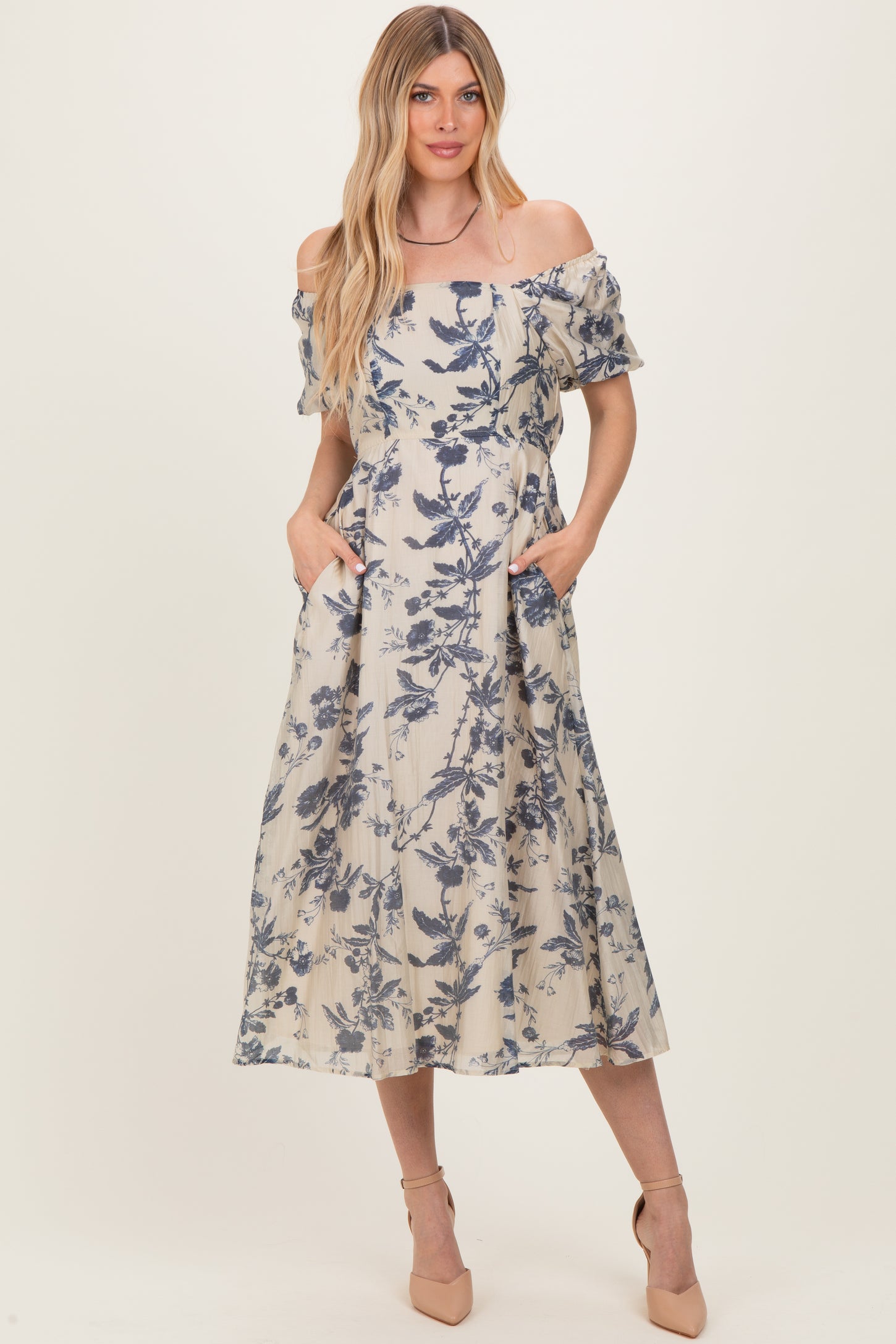 Navy Blue Floral Square Neck Puff Sleeve Maternity Midi Dress