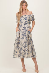 Navy Blue Floral Square Neck Puff Sleeve Maternity Midi Dress