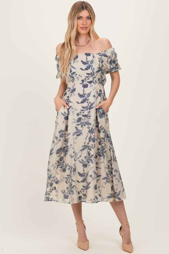 Navy Blue Floral Square Neck Puff Sleeve Maternity Midi Dress