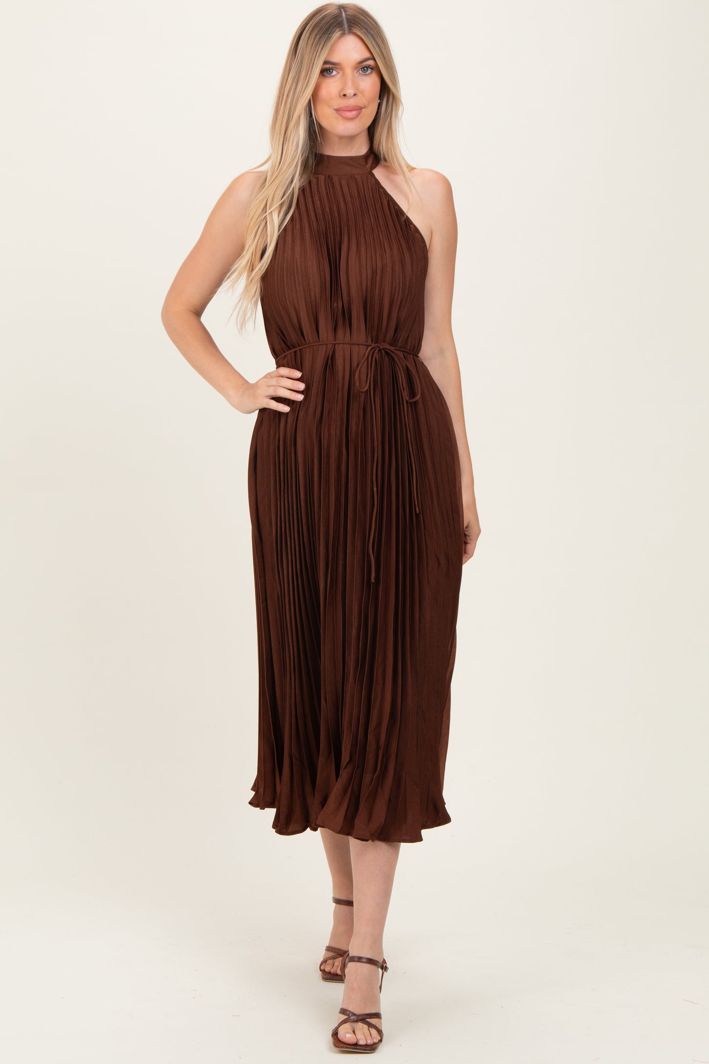 Brown Pleated Maternity Halter Dress