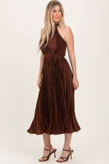 Brown Pleated Halter Dress