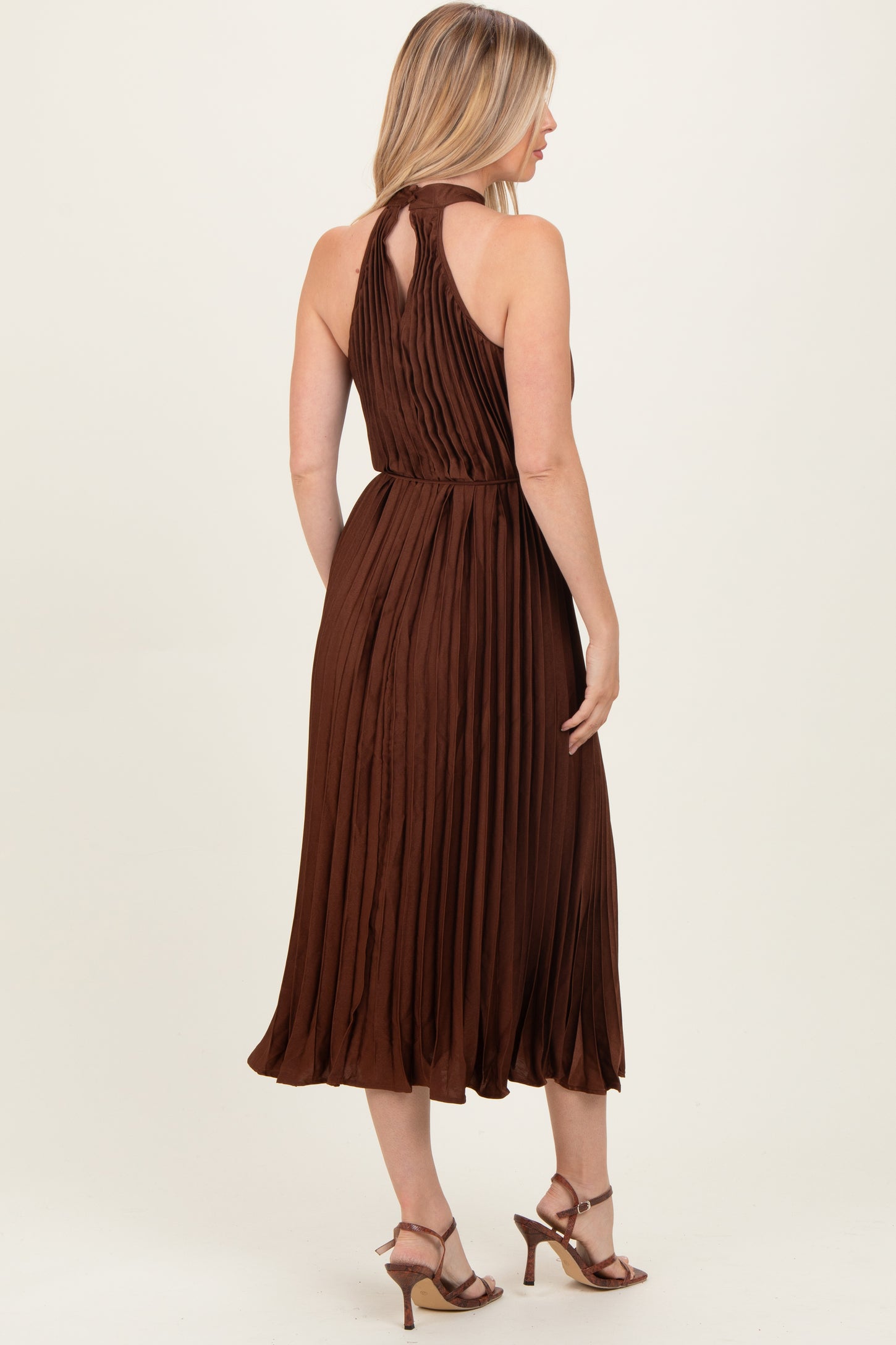Brown Pleated Halter Dress