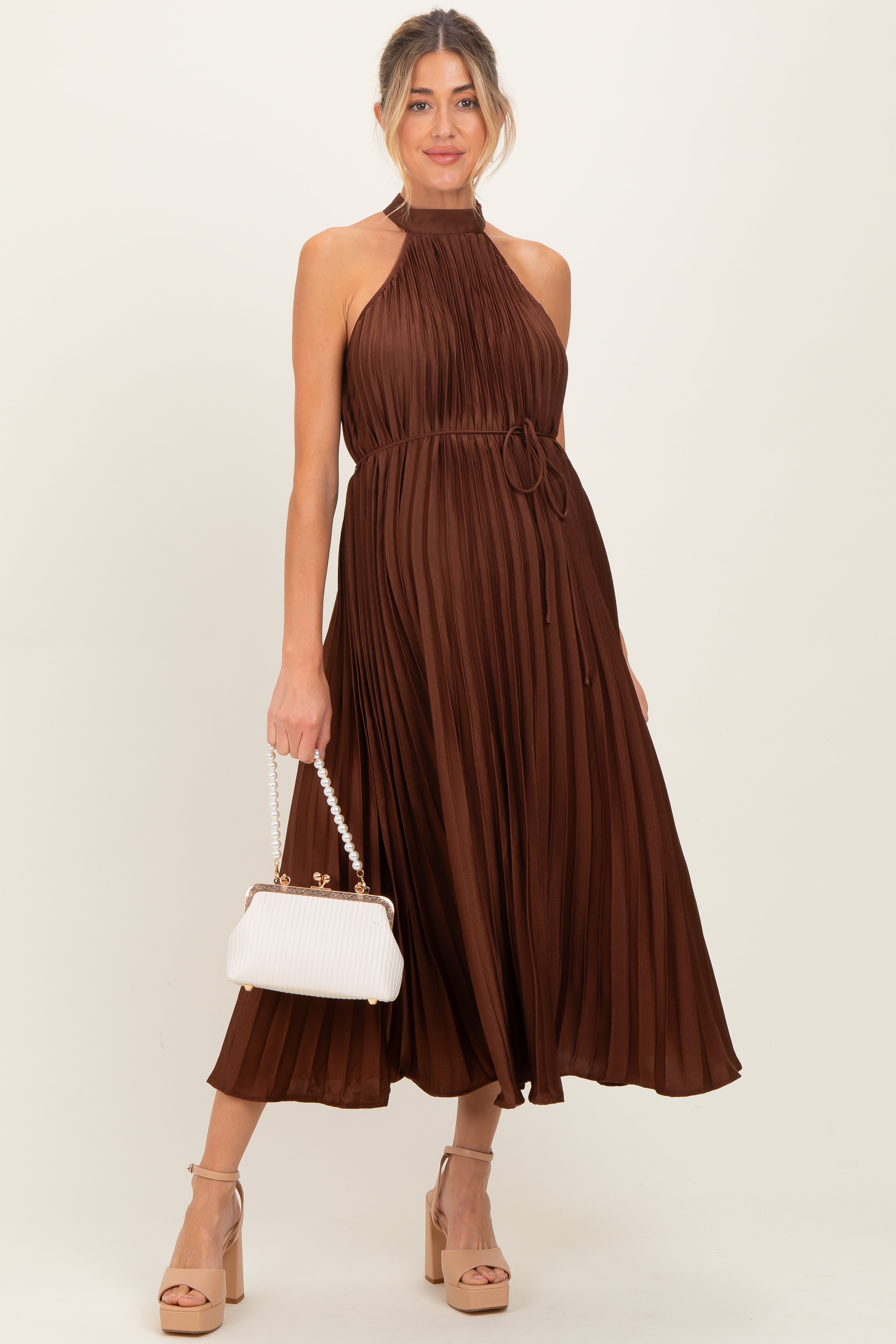 brown pleated dress Brown Pleated Maternity Halter Dress