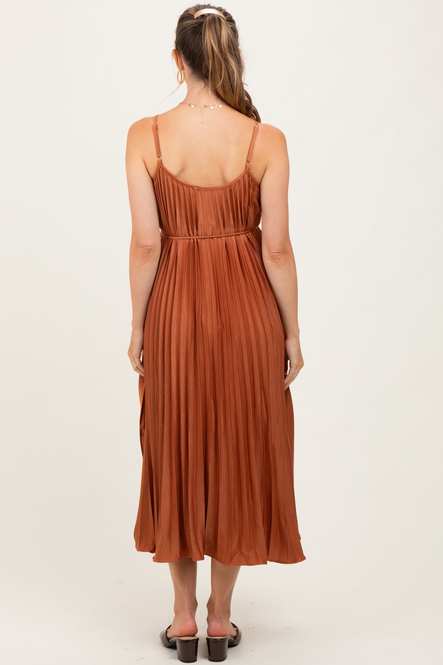 Rust Pleated Sash Tie Maternity Midi Dress