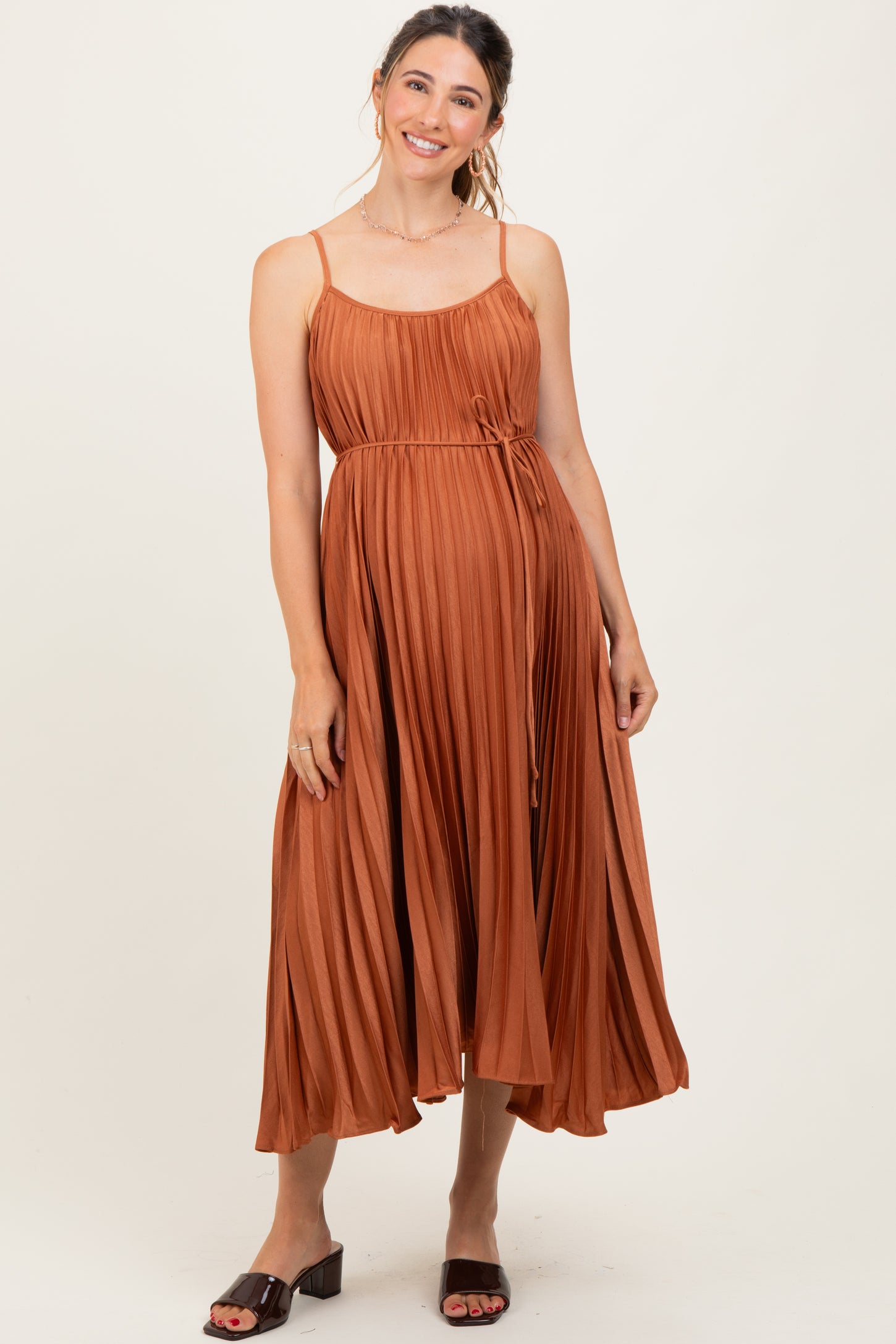Rust Pleated Sash Tie Maternity Midi Dress