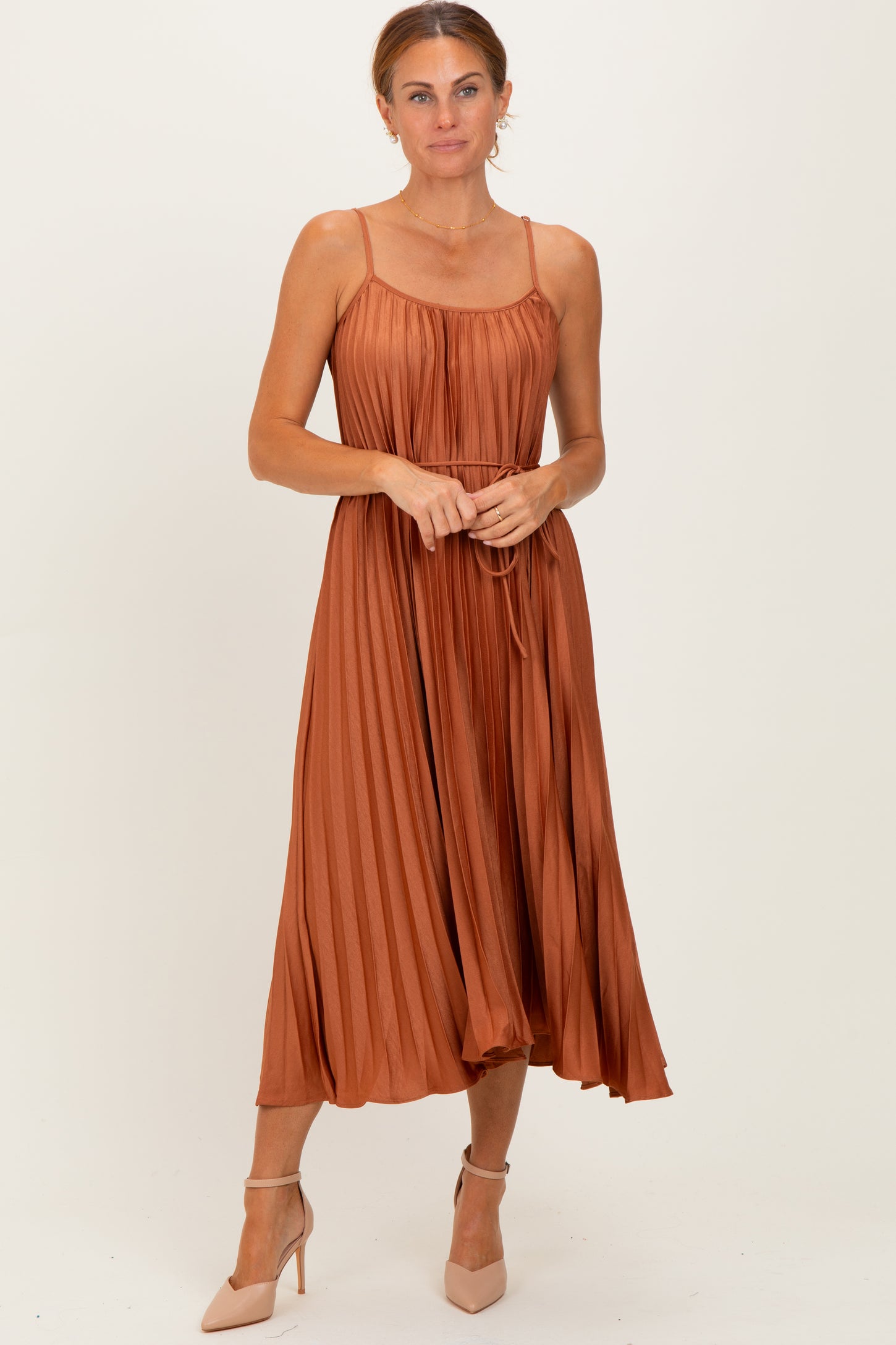 Rust Pleated Sash Tie Midi Dress
