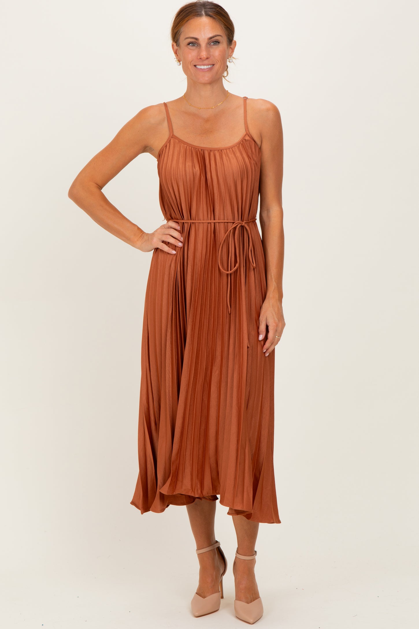 Rust Pleated Sash Tie Midi Dress