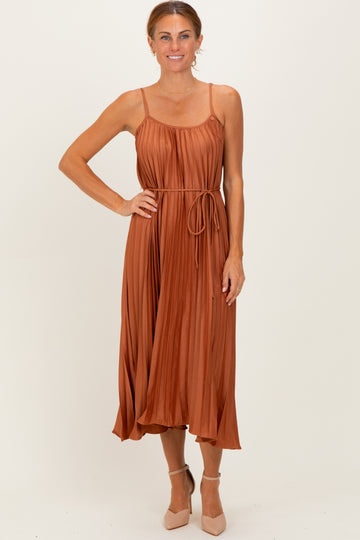Rust Pleated Sash Tie Midi Dress