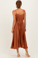 Rust Pleated Sash Tie Midi Dress