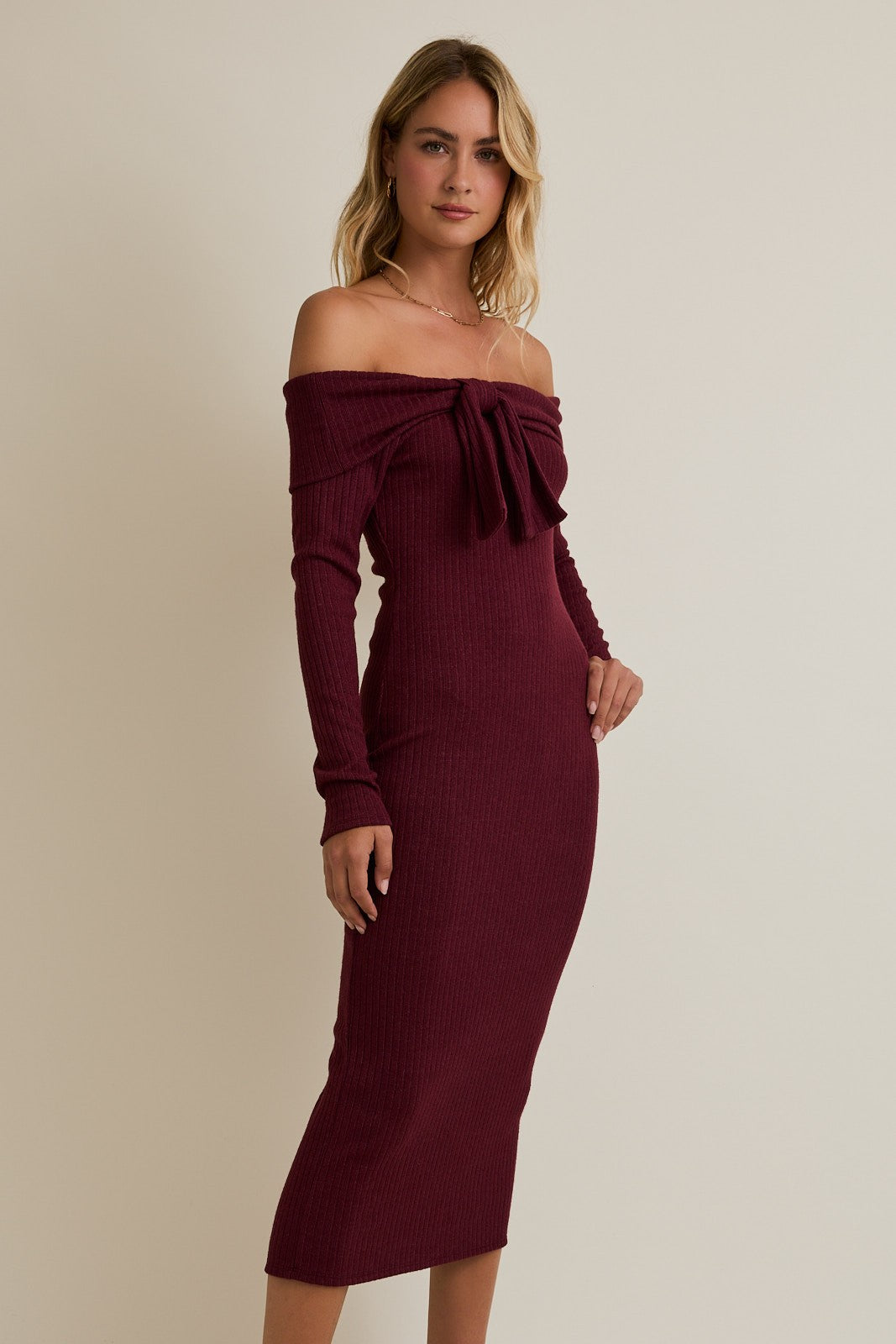 Burgundy Knit Off Shoulder Bow Detail Midi Dress PinkBlush Burgundy Knit Off Shoulder Bow Detail Midi Dress PinkBlush