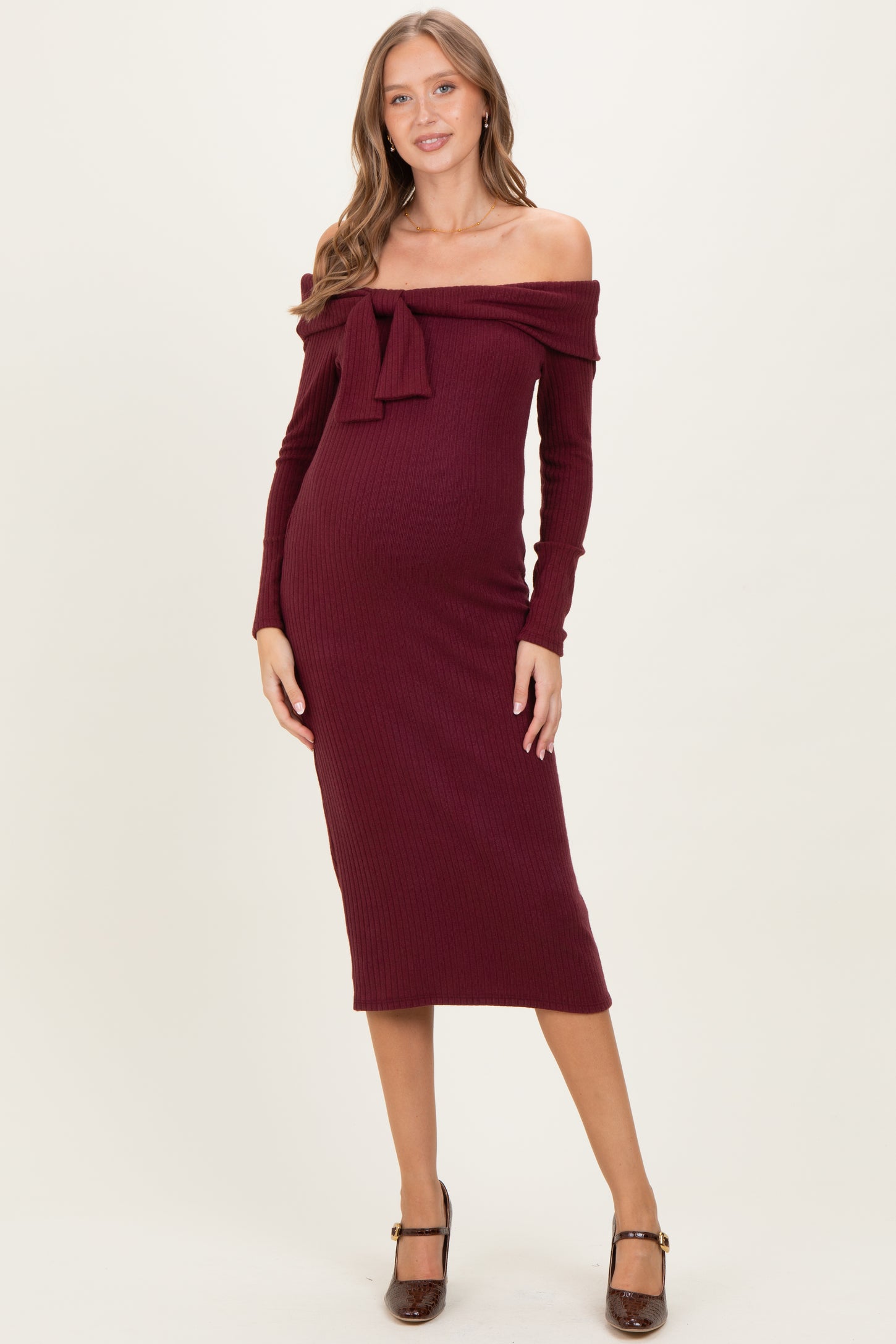 Burgundy Knit Off Shoulder Bow Detail Maternity Midi Dress Burgundy Knit Off Shoulder Bow Detail Maternity Midi Dress