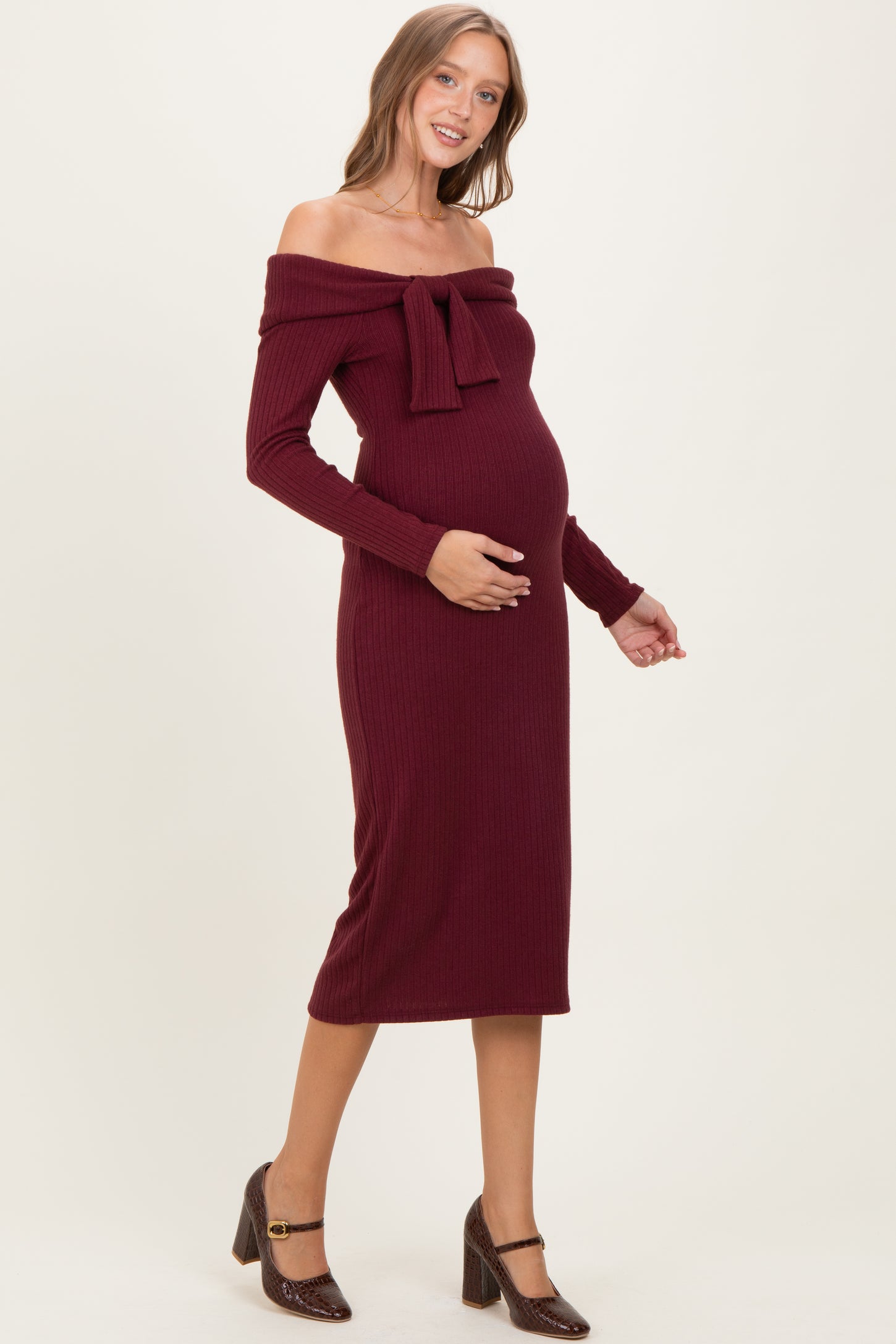 Burgundy Knit Off Shoulder Bow Detail Maternity Midi Dress Burgundy Knit Off Shoulder Bow Detail Maternity Midi Dress