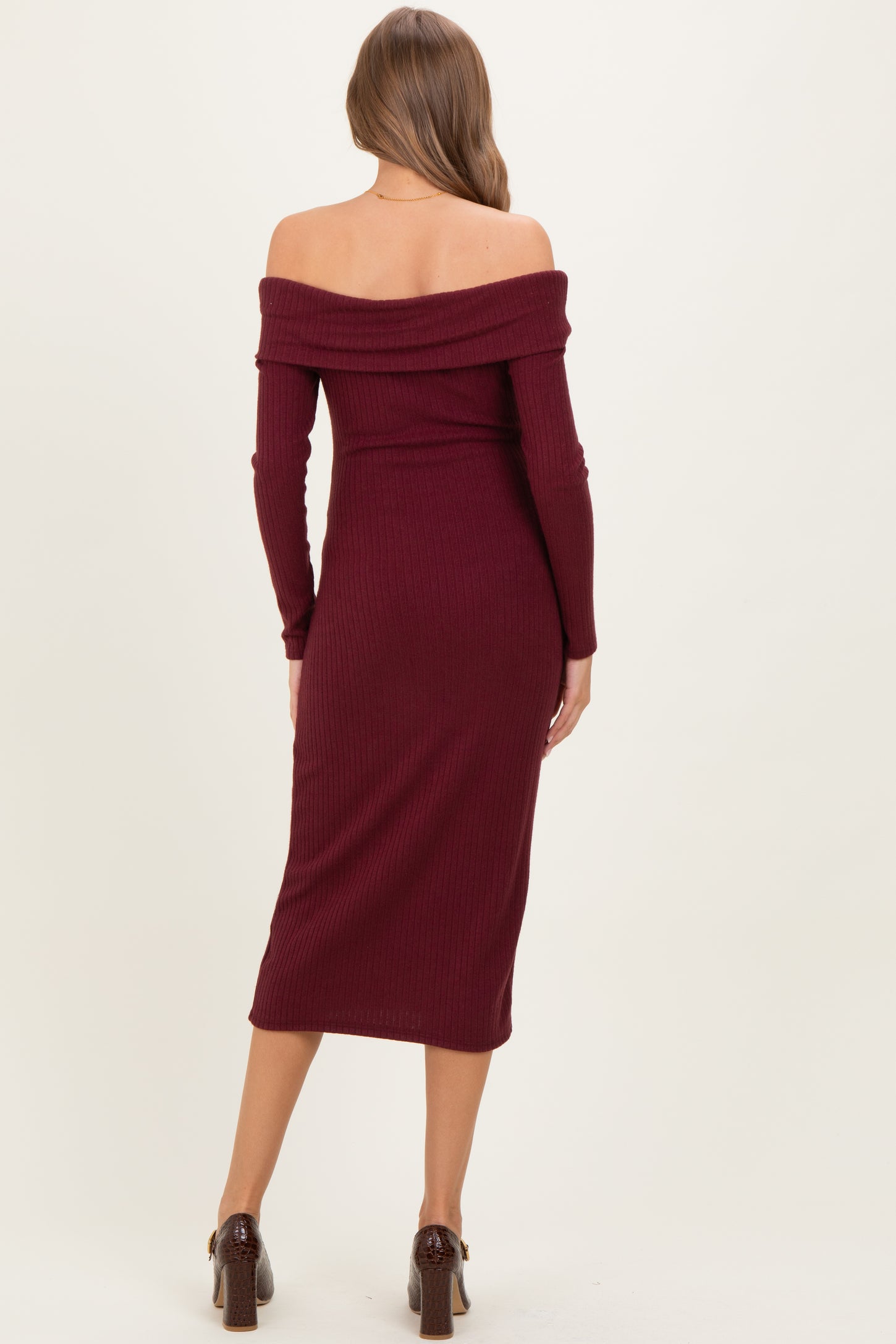 Burgundy Knit Off Shoulder Bow Detail Maternity Midi Dress